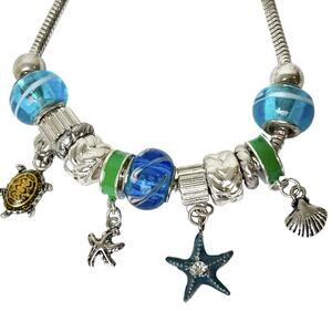 Bracelet Dangling Charms Sea Life Ocean Sliding Blue Beads Coastal Beach Resort
